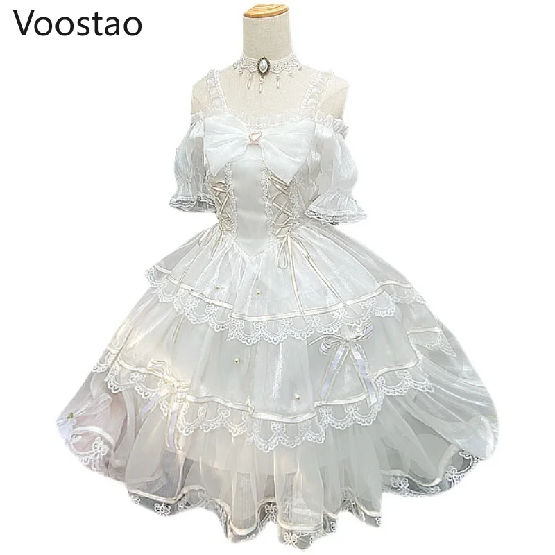Sweet Lolita Princess Dress Women Cute White Bowknot Lace Ruffles Flowers Wedding Dresses Girly Kawaii Tulle Party Fairy Dress Lolita Dress Lolita Suspender Dress Lolita Cosplay Costumes Suspender Dress