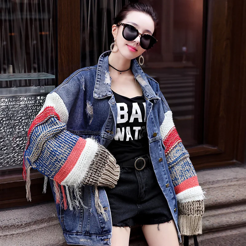 

Cowboy Denim Jacket Women Autumn Knitted Sweater Tassel Stitch Oversize Loose Jacket Korean Short Harajuku Jeans Jackets Outwear