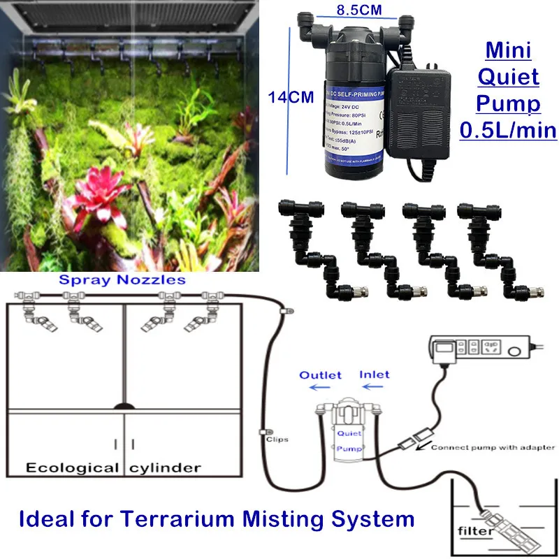 

S01 Super Quiet Water Pump with Reptiles Fogger Mist Nozzle Sprinkler for Rainforest Tank Misting Reptile Pet Terrarium Cooling