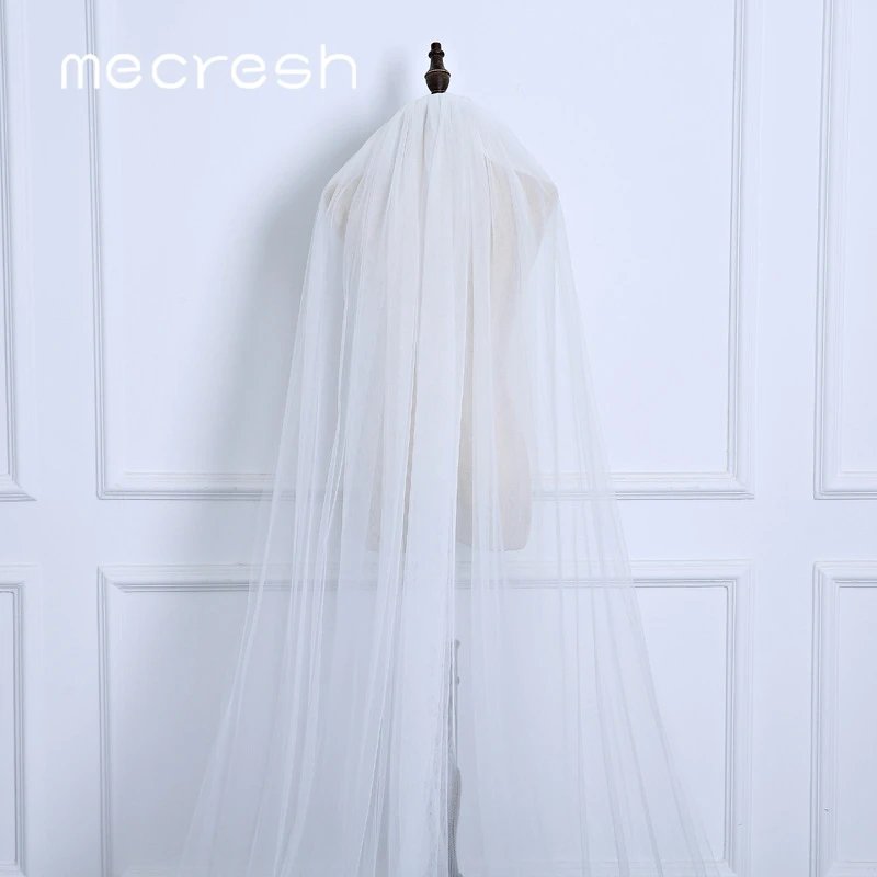 Mecresh 5M White Beige Long Bridal Veils for Women One Layer / Double Layer Cathedral Wedding Veils Accessories with Comb VTS014