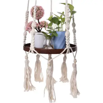

Hanging Shelf Macrame Plant Hanger Flower Pot Holder Boho Home Decoration for Indoor (With Wood Plate)