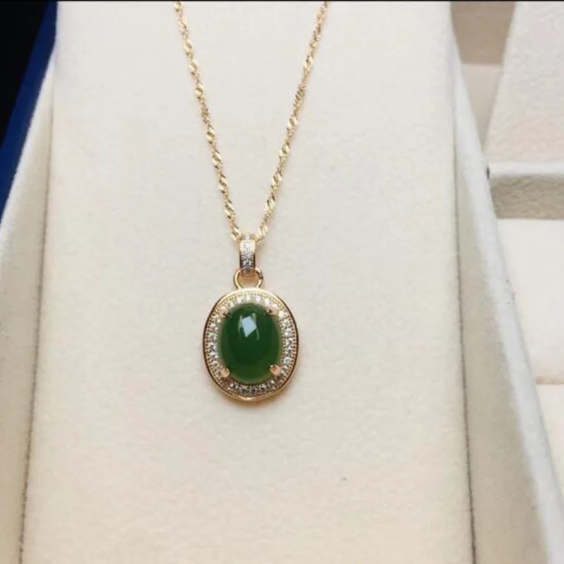 Подвеска Hetian Jade Jasper, натуральная эллиптическая форма, зеленый нефрит, яичная лапша, с 925 серебром, модный стиль