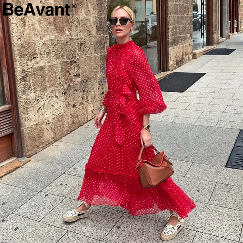 Online BeAvant Polka dot red autumn winter dress women Elegant lantern sleeve long party dresses Ruffle o neck black ladies vestidos