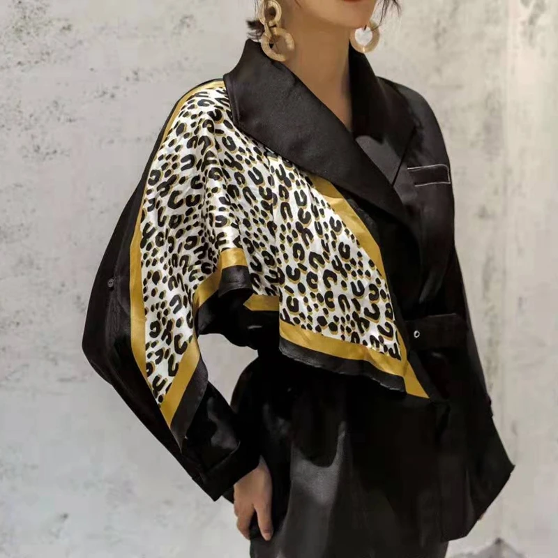 incredible  TWOTWINSTYLE Patchwork Leopard Women's Coats Lapel Collar Long Sleeve High Waist With Sashes Female