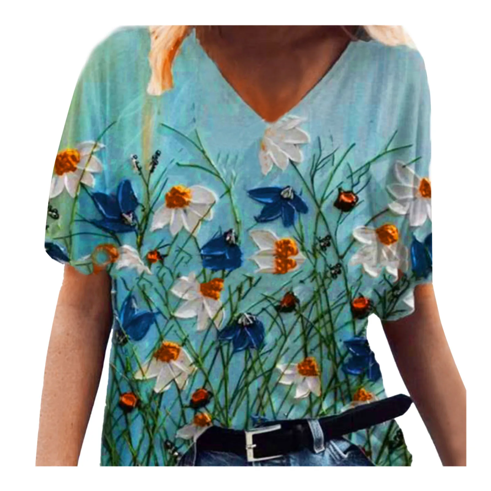 S-5XL de talla grande para mujer, blusas estampadas con flores a la moda, camisas de manga corta con cuello en V, blusas de mujer