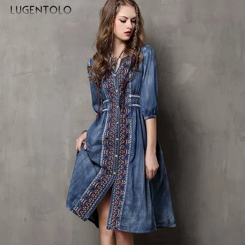 

Lugentolo Denim Dress Women Vintage Embroidered V-neck Loose Single-breasted Embroidery Print Half Mid-Calf Womens Dresses