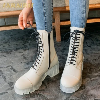 

Sarairis 2020 New Arrivals Genuine Cow Leather Zip Up Shoes Woman Boots Female Platform Chunky Heels Concise Fashion Boots Women