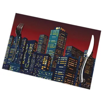 

6pcs Placemat for dining table Cityscape With Group Of Skyscrapers Heat-resistant Kitchen Dining Accessories