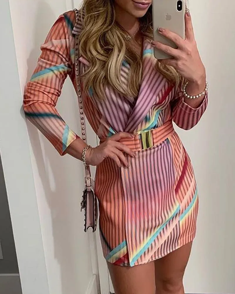 

Women Colorful Striped Print Blazer Dress Ladies Casual Office Workwear Mini Dress