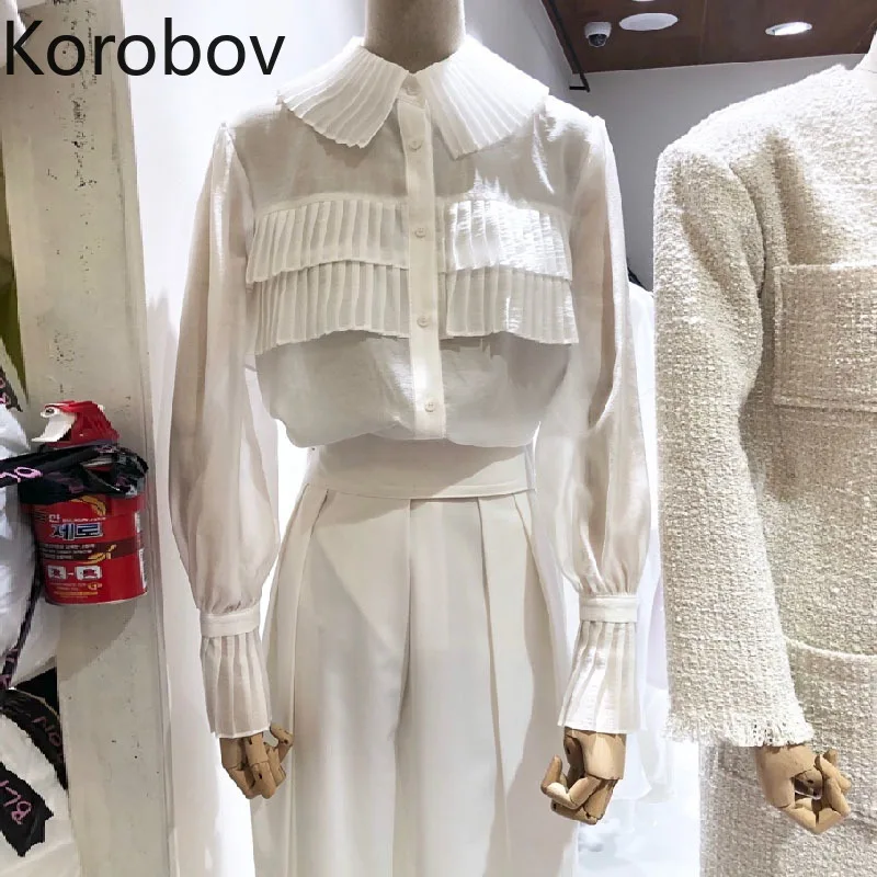 

Korobov Korean Turn-Down Collar Blouses Vintage Long Sleeve Ruffles Patchork Blusas Mujer Elegant Single Breasted Shirts 2a521
