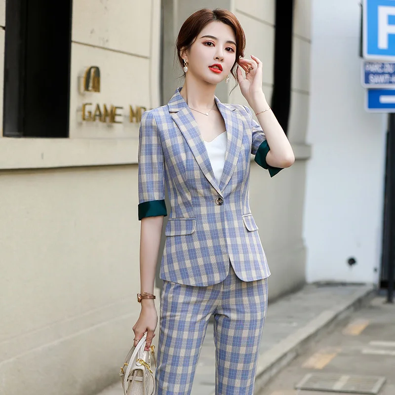 High Quality Fabric Elegant Plaid Formal Uniform Designs Pantsuits Women Business Work Wear Professional Blazers Trousers Sets | Женская