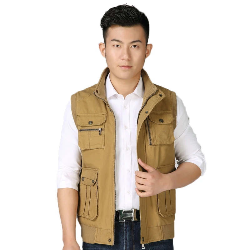 

Man Multi Pocket Design Cotton Vest Autumn Spring Casual Army Green Khaki Waistcoat Male Sleeveless Daily Gilet Outerwear Men