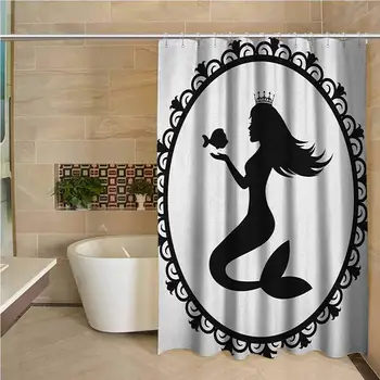 

Mermaid Precision Custom Shower Curtain Vintage Graphic Illustration of a Framed Princess Mermaid with Crown and Fish Modern
