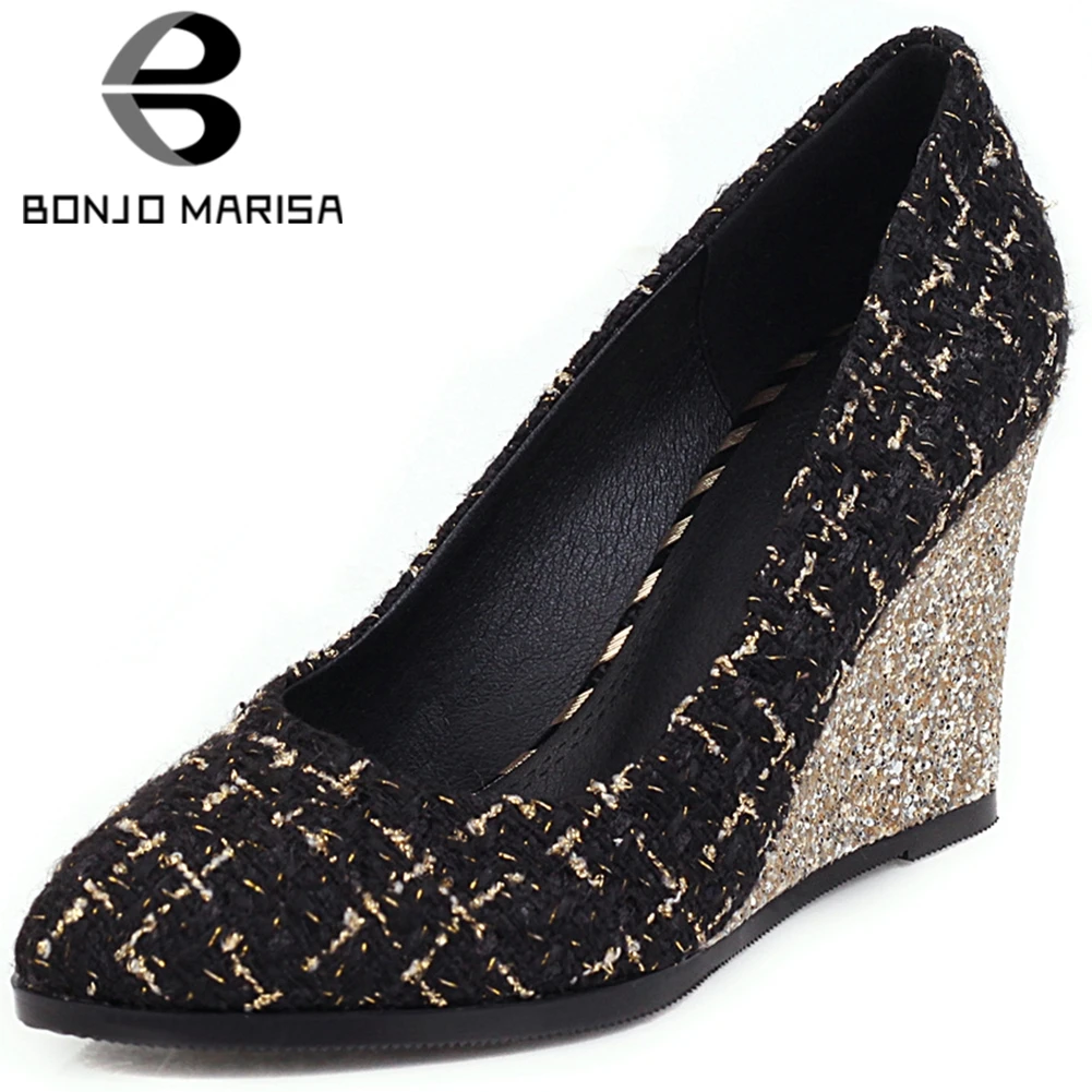 

BONJOMARISA New Ladies Office Brand Design Pumps Fashion mixed-color Shallow Work Pumps Women High Wedges Shoes Woman