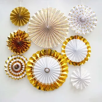 

Paper Flower Fan Handmade Striped Creative Folding Fan Party Supplie Wholesale 8pcs/set Gold Christmas Party Decorative