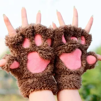 

Winter Warmth Fingerless Plush Gloves Fluffy Bearr Claw Cat Animal Paw Soft Warm Lovely Cute Half Finger Covered Gloves for Girl