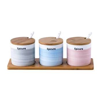 

Ceramic Seasoning Jar Nordic Creative Seasoning Set Three-piece Salt Cans Kitchen Supplies Household Bamboo Seasoning Box Spice
