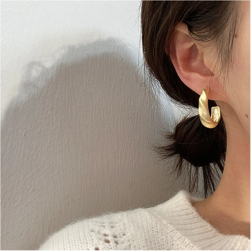 

2020 Matte Metal Gold Geometric Twist Wave Line Big Oval Hoop Earrings For Women Ear Ring Girl Party Gift 925 Silver Jewelry
