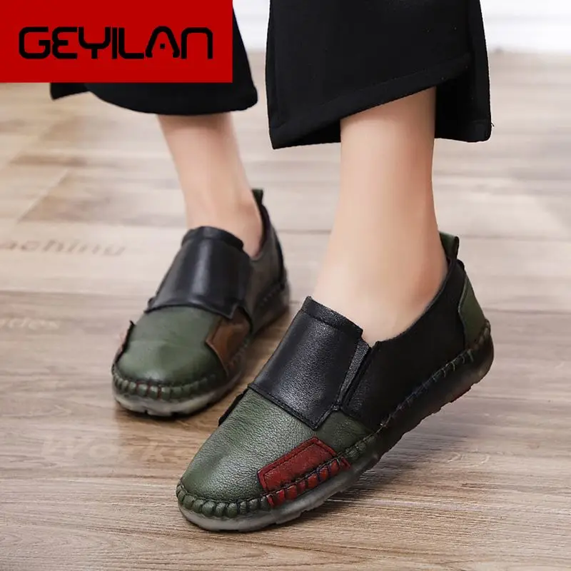 

GKTINOO Women's Handmade Shoes Genuine Leather Flat Slip-On Mother Shoes Woman Loafers Soft Single Casual Shoes Women Flats