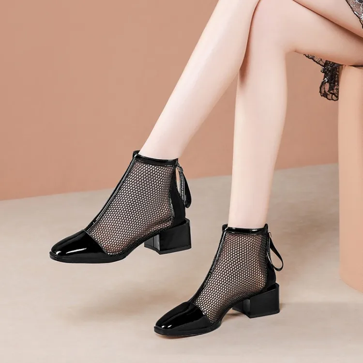 

Short Boots Female Black Full-grain Leather Square Head Boots with Chunky Heels Children 2020 Spring New Style Gauze Chunky-Heel