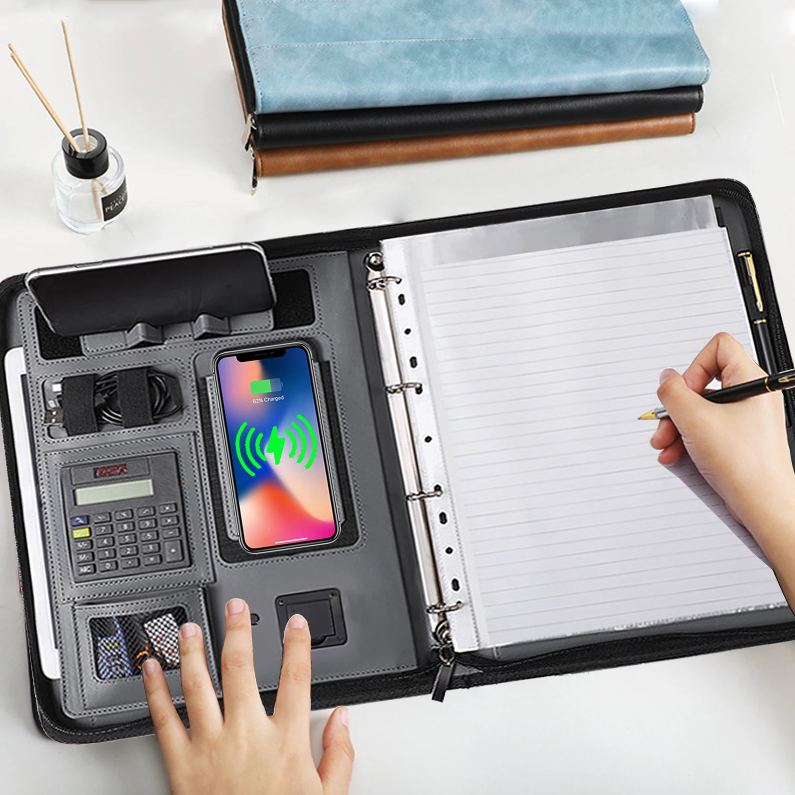 Portfólio de Carregamento sem Fio Negócios com Calculadora a4 com Fecho de Couro Pasta com 8000mah Notebook Padfolio Organizador Pasta 8 pasta com 8000mah portfólio de carregamento sem