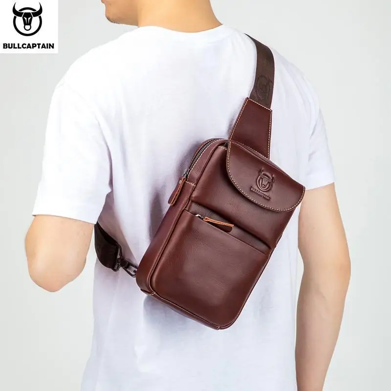 BULLCAPTAIN 2019Brand Genuine Leather Men Chest Bag Fashion Crossbody Bags for Men Small Causal Shoulder Bag Message Bags XB098