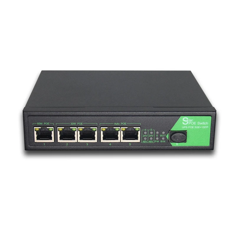 Solar PoE switch Gigabit 5 port PoE switch 1 optical 4 electric transceiver support battery power HD security transmission