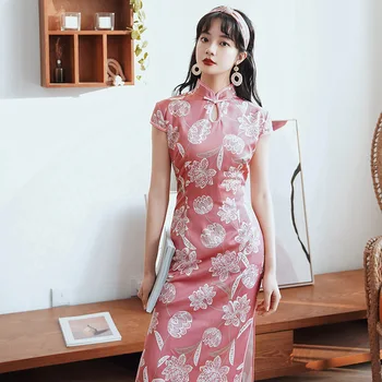 

Sexy Pink Print Flower Qipao Slim High Split Lady Cheongsam Big Size Vestidso Elegant Mandarin Collar Satin Evening Party Dress