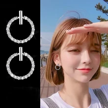 LByzHan Free Shipping Fashion 925 Sterling Silver Crystal Rhinestone Geometric Round Stud Earrings For Women Beautiful Jewelry