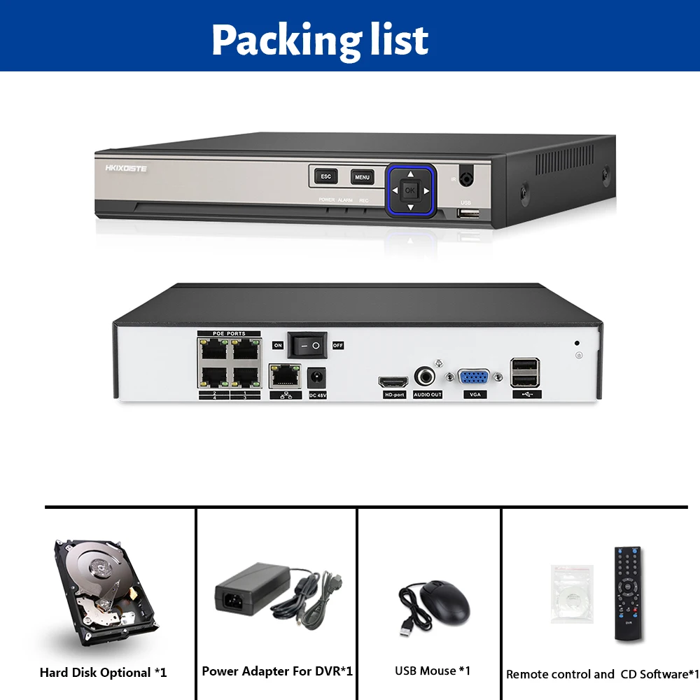 4CH 4MP 5MP PoE NVR para cámara IP POE Sistema de Vigilancia H.265 48V 802.3af ONVIF CCTV NVR vmeye