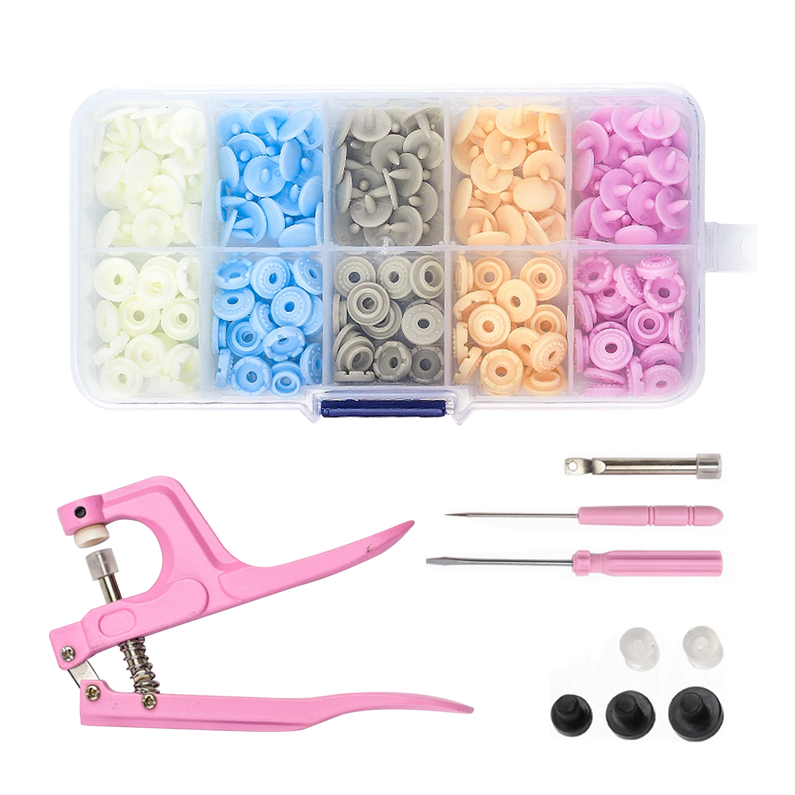 200pcs Plastic Buttons With Snap Plier 5 Different Color Snaps For