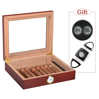 

Glass Top Humidor with Hygrometer Stainless Steel Cutter Holds 15-20 Fingers Spanish Cedar Wood Cigar Box with Black Hygrometer