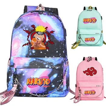 

New Boys Girls Kids School bag Cartoon Naruto Prints Women USB Chain Backpack Canvas Men Bagpack Packsack Bookbag