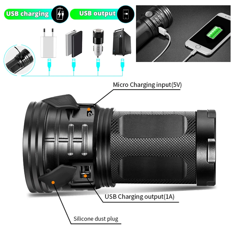 Xlamp LED Searchlight Ultra Powerful T6 Flashlight XHP90 Torch Lanterna USB Charging Lamp Portable Power Bank Light By 18650
