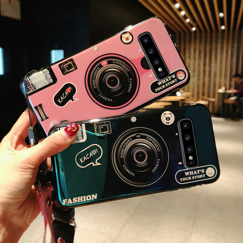 For Samsung Galaxy A6 A7 A8 A9 Plus J2 J3 J4 J5 J6 J7 J8 Prime A2 Core 3D Camera style soft tpu cover case coque with Long Strap |