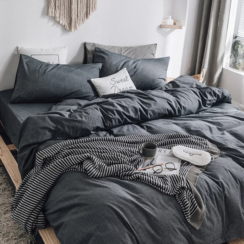 

Solid Color Cotton Bedding Set 3/4pcs Simple Plain Quilt Cover Sheet Pillowcase Fitted Sheet Duvet Cover Home Hotel Bedding Set