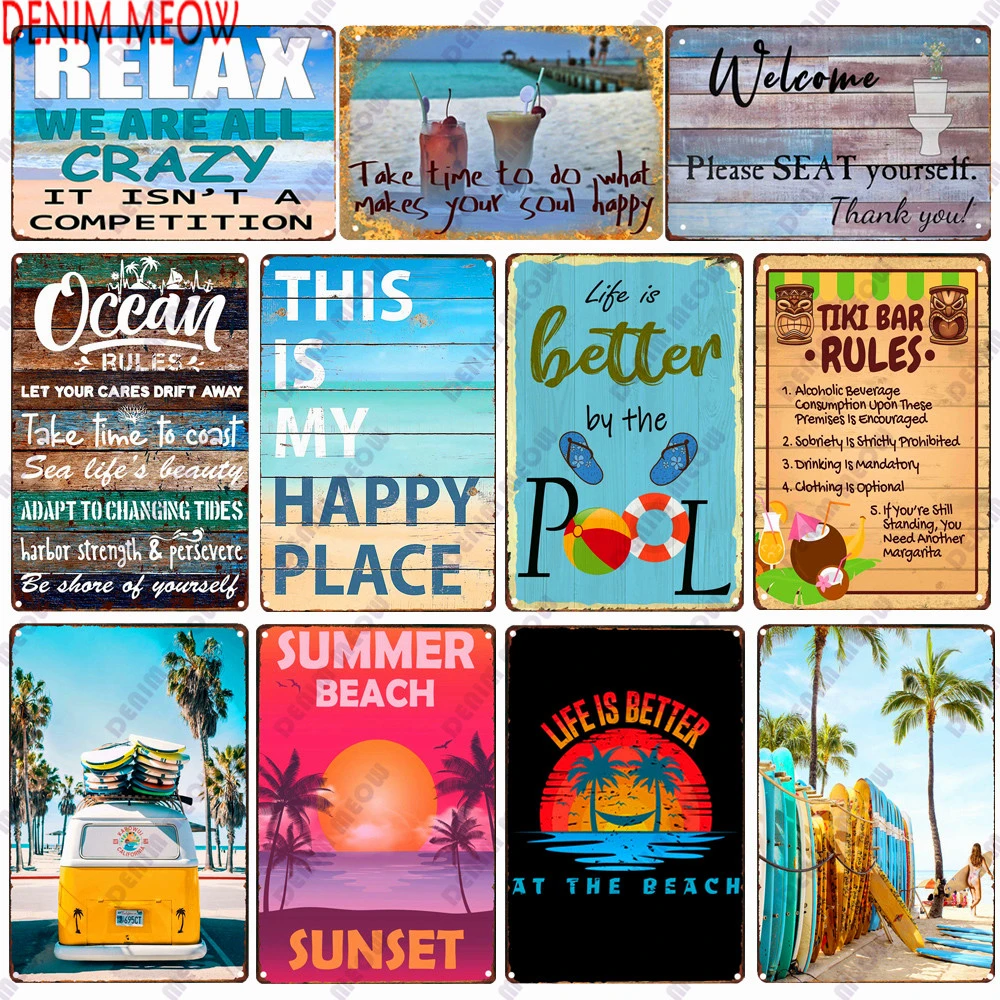 Beach Metal Sign Tin Vintage Summer Beach Plates Relax Metal Wall Sign