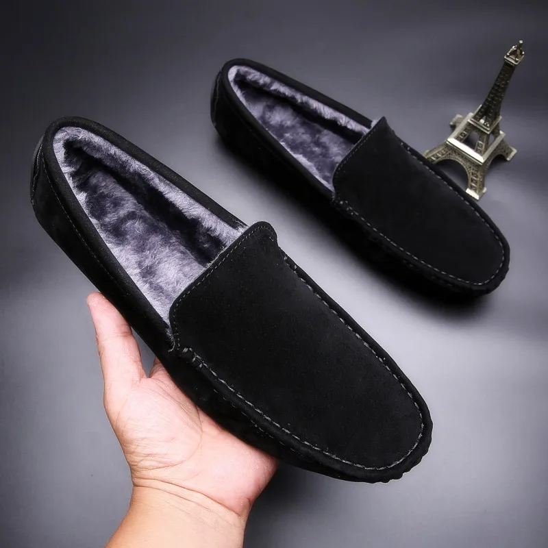 

Men Loafers Flat Shoes Winter Warm Plush Casual Suede Leather Shoes Men's Slip On Driving Shoes Mens Fur Moccasins Shoes Black