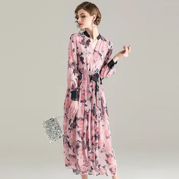 

Midi Dress Women Spring Summer 2020 New V Neck Long sleeve Flower Printed Slim Lace-up Waist Bow Silk Dress Elegant S-XL