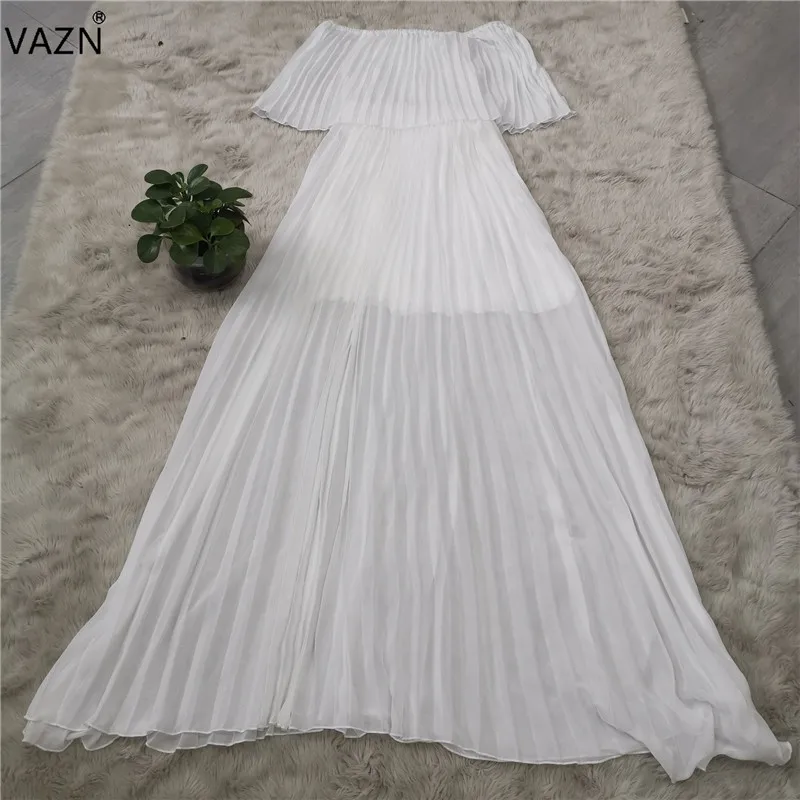 VAZN YC1848 новые каникулы мягкие Бесплатные сексуальные молодых моды твердые Slash шеи половина рукав летучая мышь шифоновое женское Макси плиссированное платье