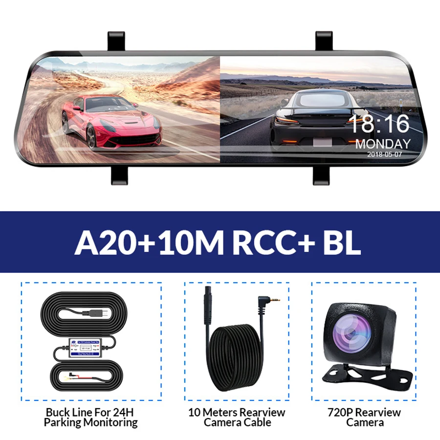 A20-10M RCC-BL E-ACE Car Dvr 10 Inch Touch Screen Video Recorder Auto Registrar Stream Mirror With RearView Camera night vision dash cam - Название цвета: A20-10M RCC-BL