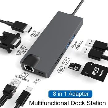 

USB C docking station C-type to HDMI, VGA, Gigabit Ethernet interface, USB3.0, SD / TF, 8-in-1 multi-function notebook adapter