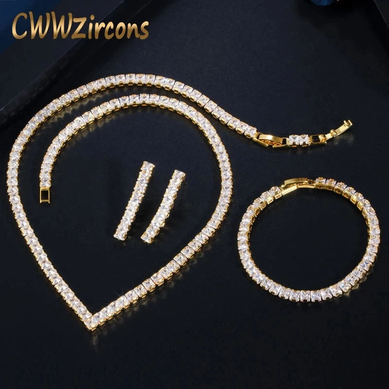 

CWWZircons Glitering Yellow Gold Color Princess Cut Cubic Zirconia Necklace Earring Bracelet Women Party Dress Jewelry Sets T414