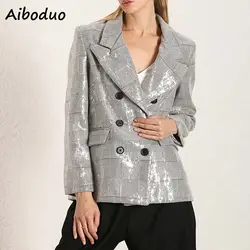 Модные Винтажные Серебряные вечерние блейзеры с пайетками, пиджаки, женские повседневные двубортные пиджаки с длинными рукавами, женская