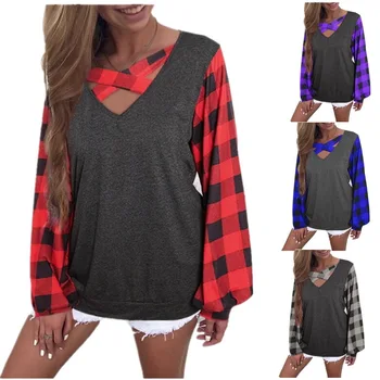 

clothing OWLPRINCESS 2019 Women's Clothing Autumn Lattice Splicing deng long xiu V-neck Solid Color Shirt