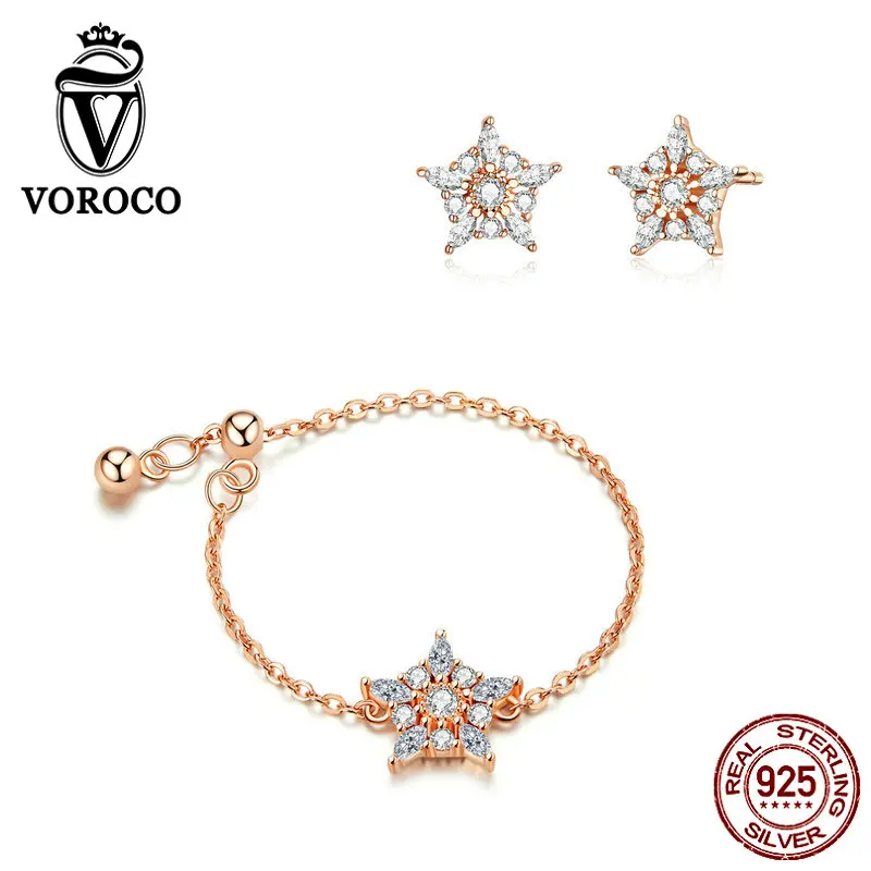VOROCO подлинный 925 пробы Серебряный Розовый цвет Снежинка в форме цветка кольцо и серьги-гвоздики ювелирный набор для женщин ZBS167