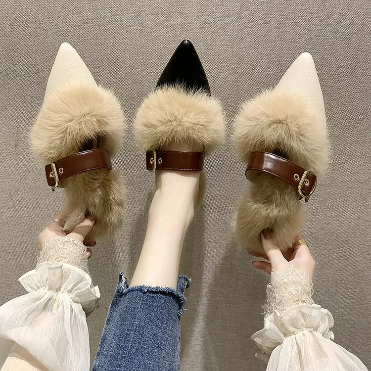 

Fashion Pointed leather Women Slippers Winter Faux Fur Slides Ladies Cute Warm Plush Slip On Casual Heel Shoes Woman Flip Flops