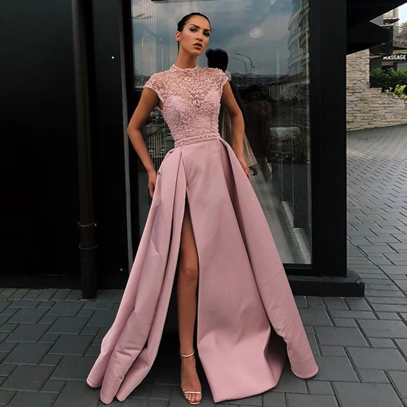 

Jewel Cap Sleeve A Line Pink Bridesmaids Party Wear Gown Evening Dress with Belt
