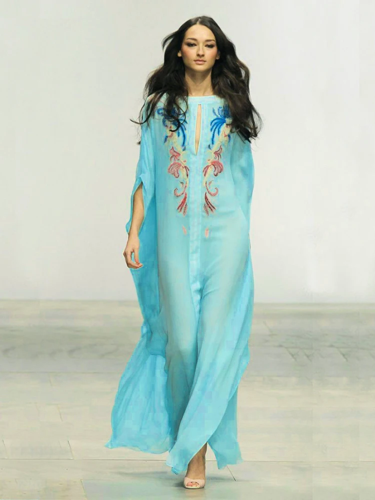 light blue Пляжное длинное платье с вышитыми цветами, туника с рукавом летучая мышь, платье-Кафтан большого размера, богемное праздничное Макси-платье для женщин - Цвет: light blue