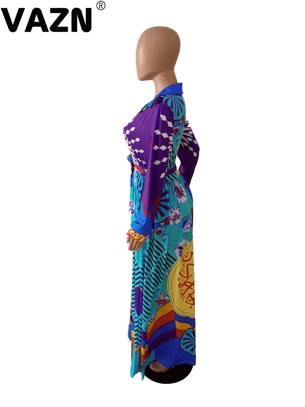 VAZN OYX668 популярная модная винтажная одежда больших размеров с принтом, элегантное платье-Жоржет с длинным рукавом, на шнуровке, для женщин, облегающее и расклешенное Макси-платье